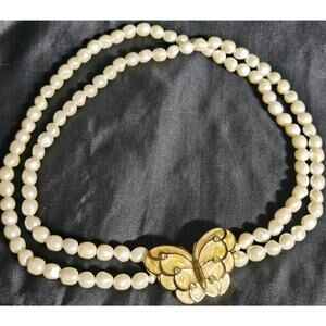 KENNETH J LANE KJL For Avon Pastel Pink Pearl Bead & Butterfly Necklace VINTAGE